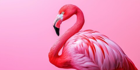 Fototapeta premium A striking pink flamingo gracefully posed against a vibrant backdrop.