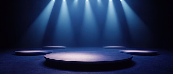 Dark blue studio with spotlights illuminating circular platforms.