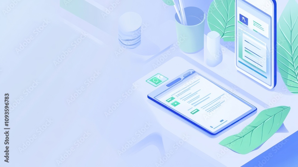 Aufkleber a digital workspace featuring a tablet and smartphone with documents and plants.