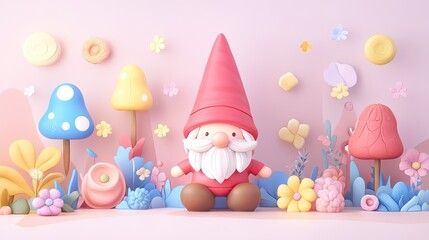 Adorable Cartoon Gnome Amidst Pastel Flowers and Mushrooms