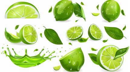 painting set of green limes splashing on white background