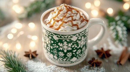 festive mug of spiced hot chocolate topped with whipped cream, drizzled caramel, and star anise, set The mug features a cozy Nordic fair isle pattern