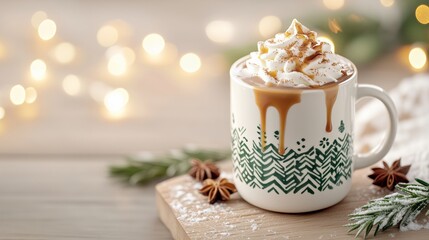 festive mug of spiced hot chocolate topped with whipped cream, drizzled caramel, and star anise, set The mug features a cozy Nordic fair isle pattern