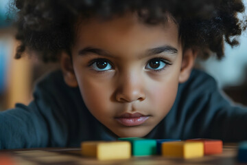 A focused young child plays with colorful building blocks on a table