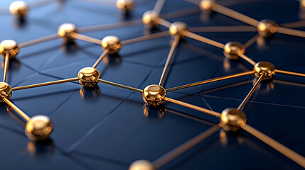 Abstract network of golden nodes interconnected on a dark surface, symbolizing technology, data flow, and digital connectivity.