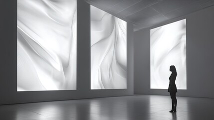 Woman Observing Abstract White Light Installations