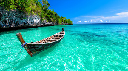 Fototapeta premium A serene boat floats on clear turquoise waters, surrounded by lush greenery and a bright blue sky, creating a picturesque tropical paradise.