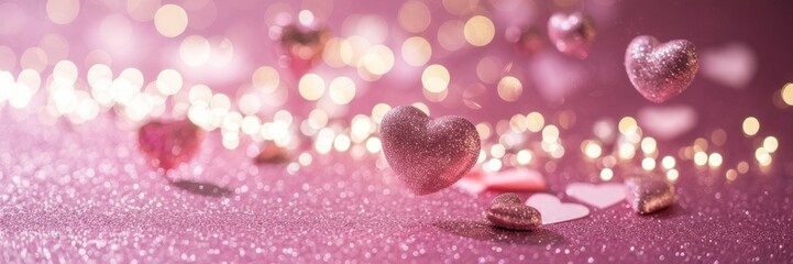 Fototapeta premium Floating hearts of different sizes on a pink shiny background with soft lighting effects and a beautiful bokeh effect, the banner is perfect for celebrating or expressing love.