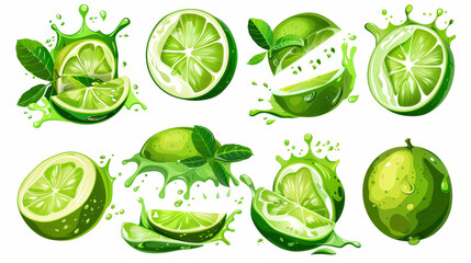 painting set of green limes splashing on white background