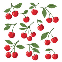 Flat Vector Cute Cartoon Cherry Icon Set. Single, Pair of Cherries and Cluster of Cherries with Leaves Clipart. Cherry Art, Design Template, Vector Illustration