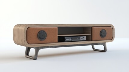 Obraz premium Modern Wooden Media Console With Leather Speaker Accents