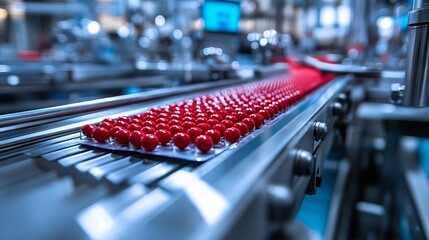 Obraz premium An industrial setting shows an automated factory line with red spherical products being processed, symbolizing efficiency and modern manufacturing processes.