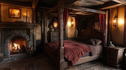 A rustic bedroom with a four poster bed and fireplace