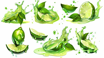 painting set of green limes splashing on white background