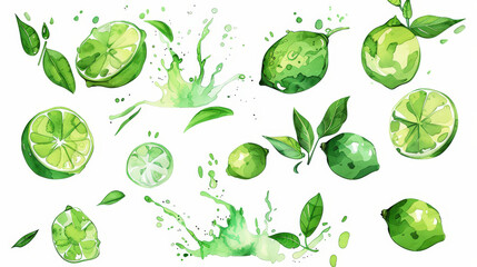 painting set of green limes splashing on white background