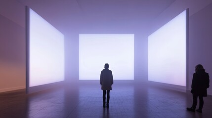 Obraz premium Two Figures Observe Illuminated Panels In Modern Gallery