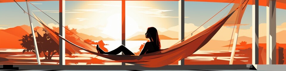 Obraz premium A serene silhouette of a woman relaxing in a hammock, enjoying a vibrant sunset over the mountains.