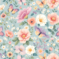 a floral pattern with butterflies and flowers