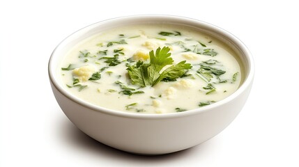 Creamy Cauliflower Soup in a White Bowl Garnish with Herbs