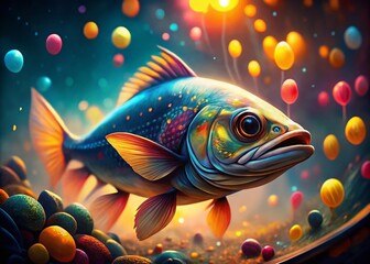 Fototapeta premium Stunning Bokeh Effect with Colorful Fish Illustrations in a Vibrant Underwater Scene for Aquatic Themed Designs and Marketing Projects