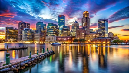 Fototapeta premium Stunning Boston Skyline at Dusk with a Beautiful Reflection on the Water, Perfect for Scenic Wall Art or Travel Publications with Ample Copy Space for Text Overlay