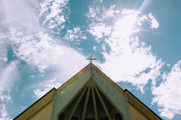 Church steeple against blue sky, Church building, view of the church tower, Catholicism, faith, prayer, blessing, Holy Mass, priest, apostasy, clouds