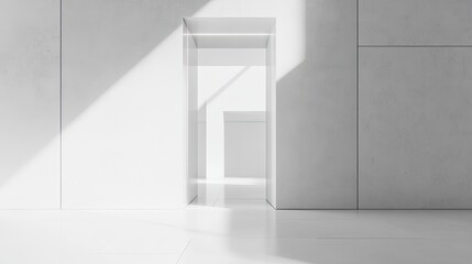 Sunlight illuminates a minimalist white hallway with open doorways leading to more white rooms.