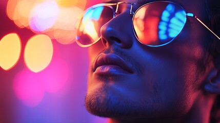 A cool individual gazes forward, sunglasses reflecting neon lights, embodying confidence, mystery, urban lifestyle, and the allure of modernity.