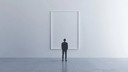 Fototapeta premium Man in suit viewing large blank frame on white wall.