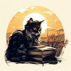 A majestic black cat sits on a stack of books under a glowing sunset, surrounded by soft clouds and autumn foliage.