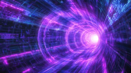 Fototapeta premium Abstract purple and blue digital tunnel with glowing light at the end.