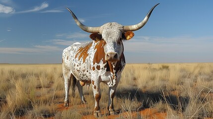Majestic longhorn cattle grazing under a vast sky in the serene Texas plains at sunset. Generative AI