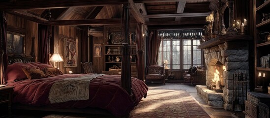 Cozy Rustic Bedroom With Fireplace And Four Poster Bed