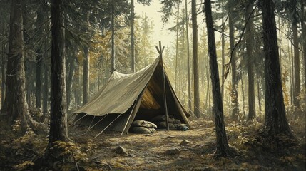 A canvas tent stands in a dense forest setting, perfect for a relaxing getaway.