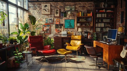 Naklejka premium Cozy and stylish home office with large windows, brick wall, plants, and comfortable furniture.
