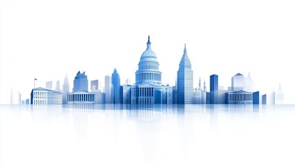 Obraz premium Minimalist blue and white city skyline illustration with modern architecture on a clean background.