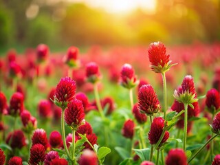 Stunning Crimson Clover Blooms in a Vibrant Field with Soft Focus Background Ideal for Nature Lovers and Garden Enthusiasts