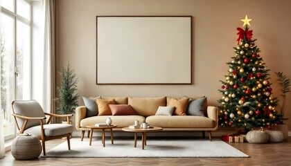Interior wall in a modern home with blank frame canvas or space for graphic design mockup wall art hanging decorated for Christmas with tree and lights