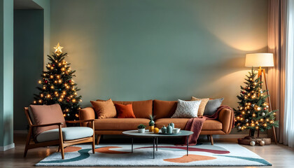 Interior wall in a modern home with blank frame canvas or space for graphic design mockup wall art hanging decorated for Christmas with tree and lights