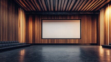 Modern wooden room with empty screen and seats.