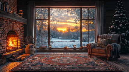 Fototapeta premium Cozy Indoor Scene with Fireplace and Winter Landscape