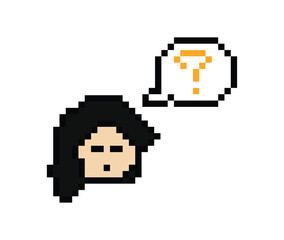 Obraz premium Cute pixel cartoon character woman with question mark decoration 8 bit female girl lady confused idea question think choose cartoon pixel game png vector.