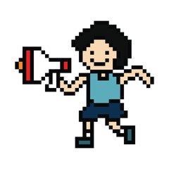Cute pixel cartoon character man with megaphone announcement speaker information announce decoration 8 bit male boy megaphone cartoon pixel game png vector. 