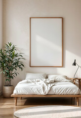 Minimalist Bedroom with Cozy Warm Tones and Poster Frame Mock-Up