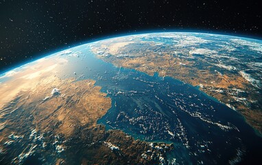 Fototapeta premium Planet Earth viewed from outer space. The blue ocean, brown land masses, and white clouds are clearly visible against the black sky.