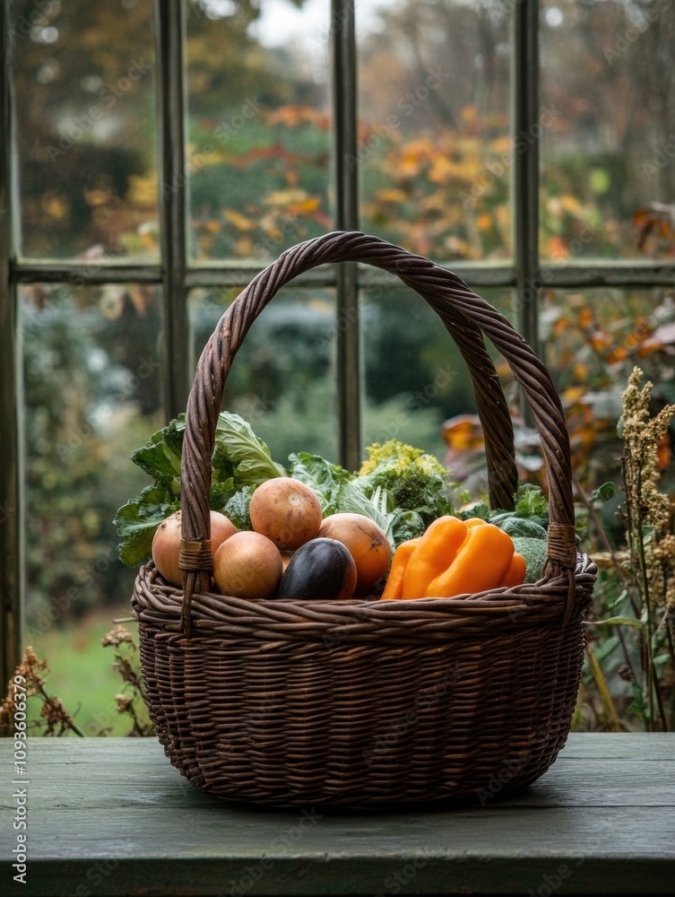 Poster wicker basket overflowing with vibrant fresh vegetables sits on a wooden table, illuminated by soft 