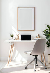 Minimalist Scandinavian Home Office with Blank Poster Frame