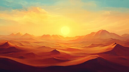 Naklejka premium sandy desert with towering dunes at sunrise, warm colors and vast open space, peaceful isolation