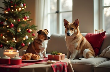 Two dogs are Sitting on Carpet in Living Room at Christmas.