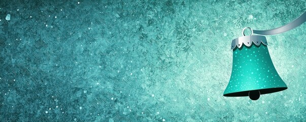 silhouette of a Christmas bell with a vibrant turquoise and silver gradient, positioned in the top-right third of the banner against a richly textured background
